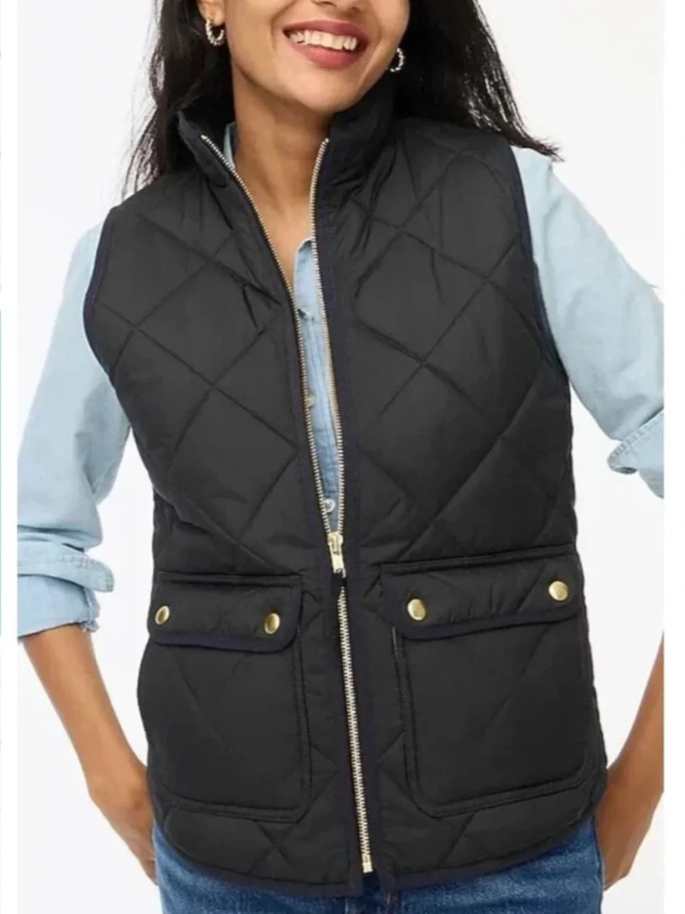 J.Crew Excursion Diamond Quilted Full Zip Vest Large Black Gold Preppy Pockets